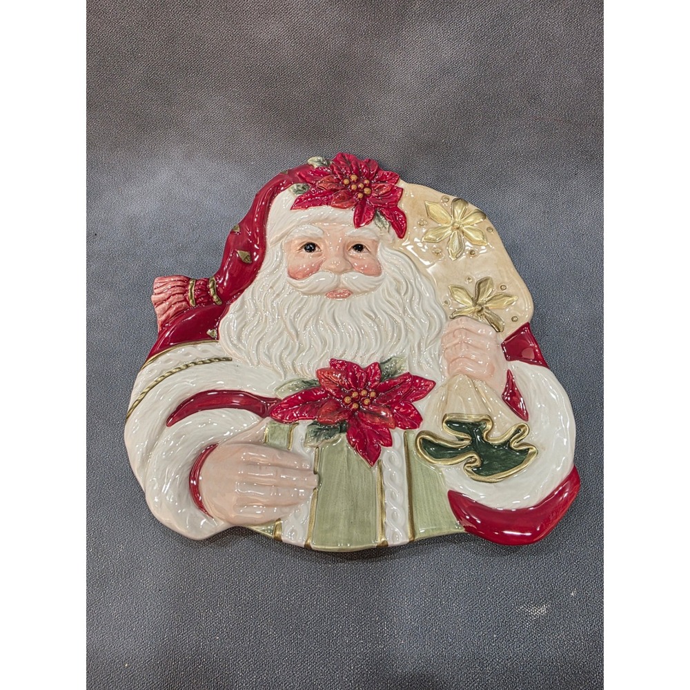 Fitz and Floyd Poinsettia Santa Ceramic Decorative Plate Holiday Christmas Red